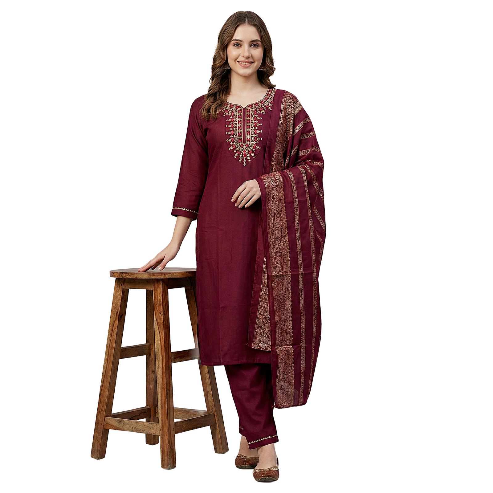 Women’s Embroidered Kurta Pant with Dupatta (Wine Maroon)