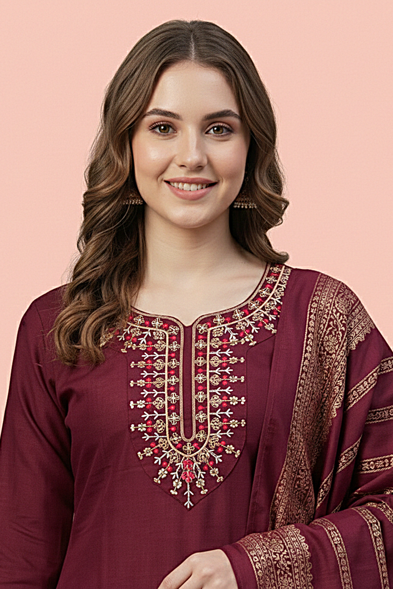 Women’s Embroidered Kurta Pant with Dupatta (Wine Maroon)