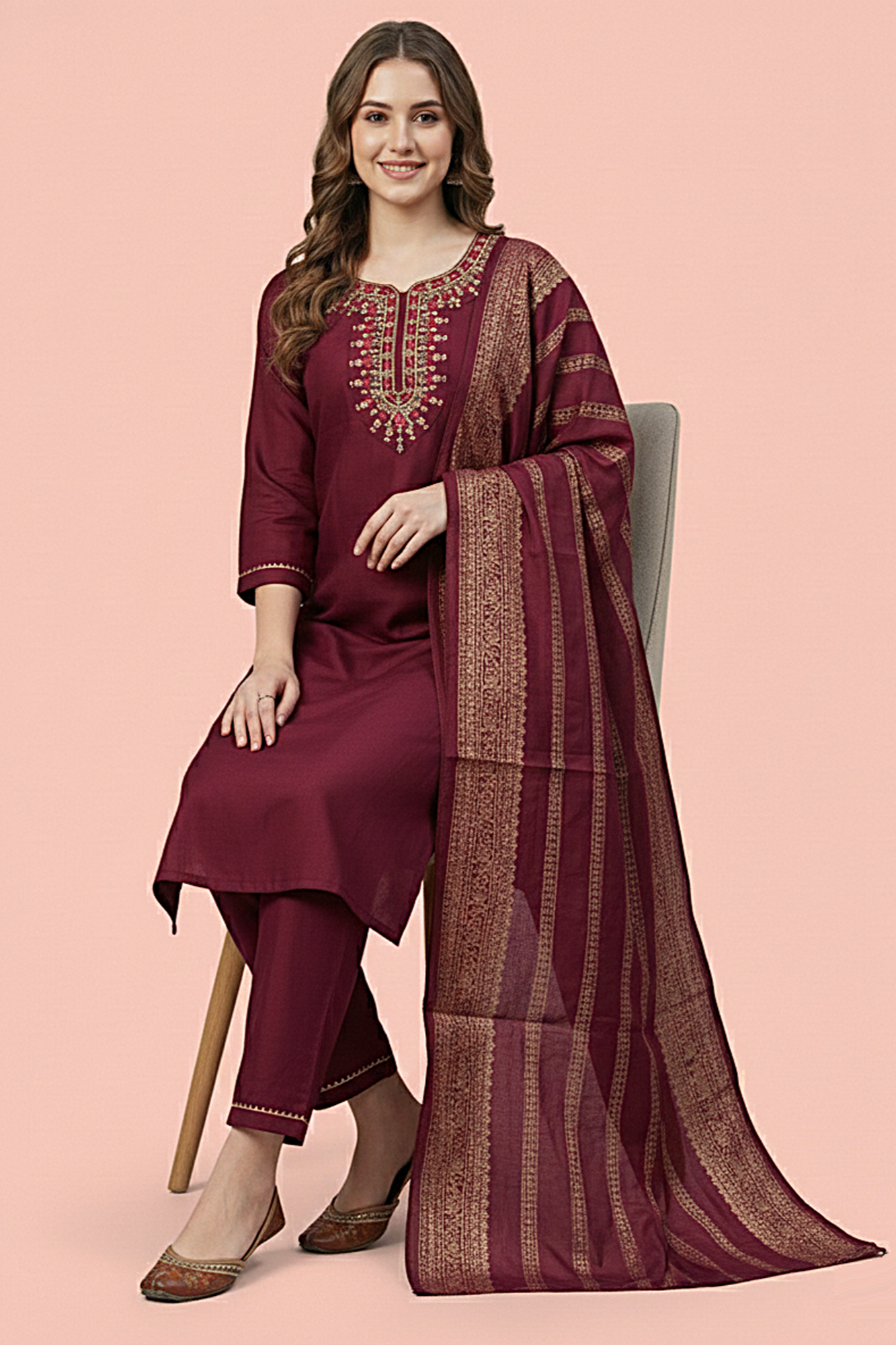 Women’s Embroidered Kurta Pant with Dupatta (Wine Maroon)