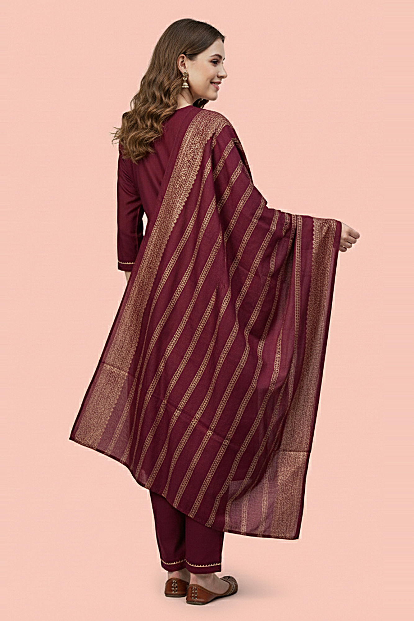 Women’s Embroidered Kurta Pant with Dupatta (Wine Maroon)