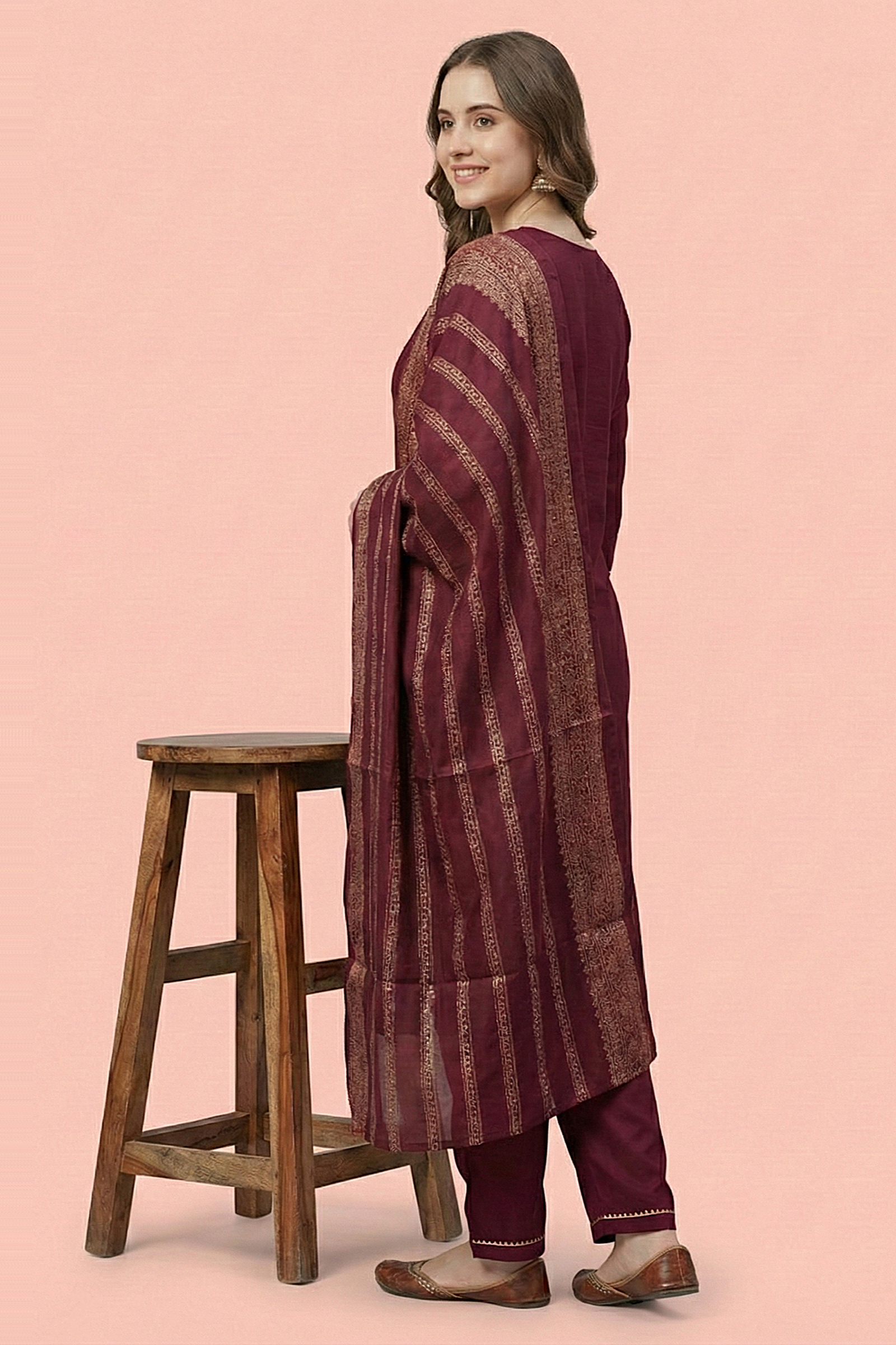 Women’s Embroidered Kurta Pant with Dupatta (Wine Maroon)