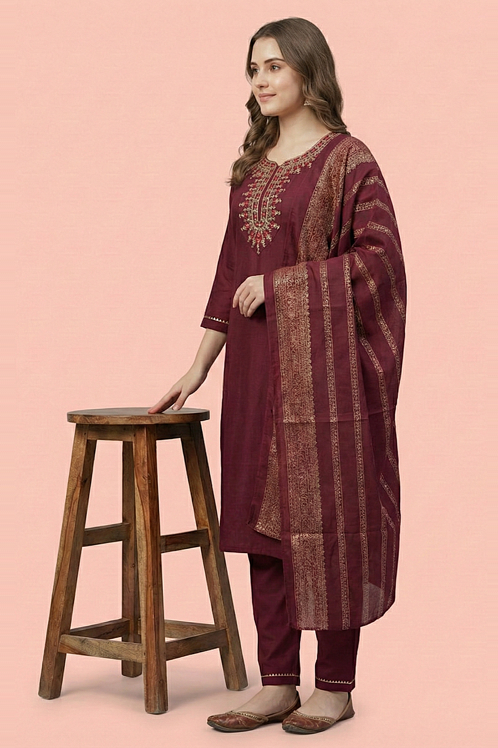 Women’s Embroidered Kurta Pant with Dupatta (Wine Maroon)